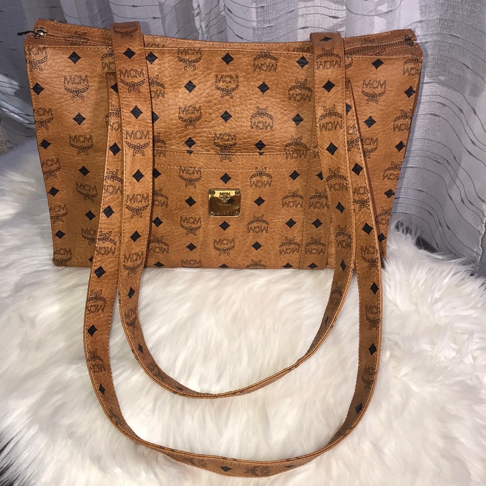 MCM Cognac Monogram Visetos Shopper Tote Bag